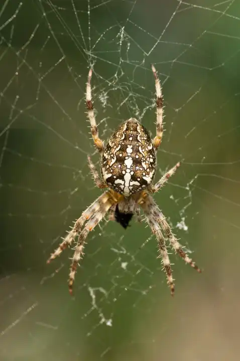 European garden spider, cross spider, Araneus diadematus in a cobweb