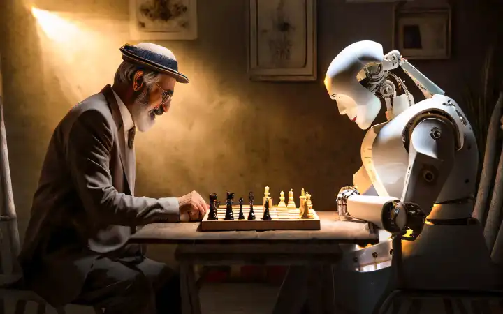 an old man is playing chess against a robot, AI generated