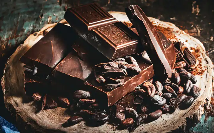 Schokolade mit Kakaobohnen auf rustikalem Untergrund, generiert mit KI