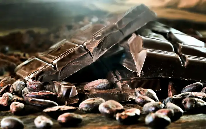 Chocolate with cocoa beans on a rustic surface, generated with AI