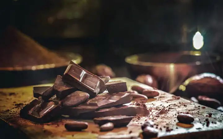 Schokolade mit Kakaobohnen auf rustikalem Untergrund, generiert mit KI