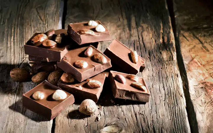 Schokolade mit Haselnuessen auf rustikalem Holzuntergrund, generiert mit KI