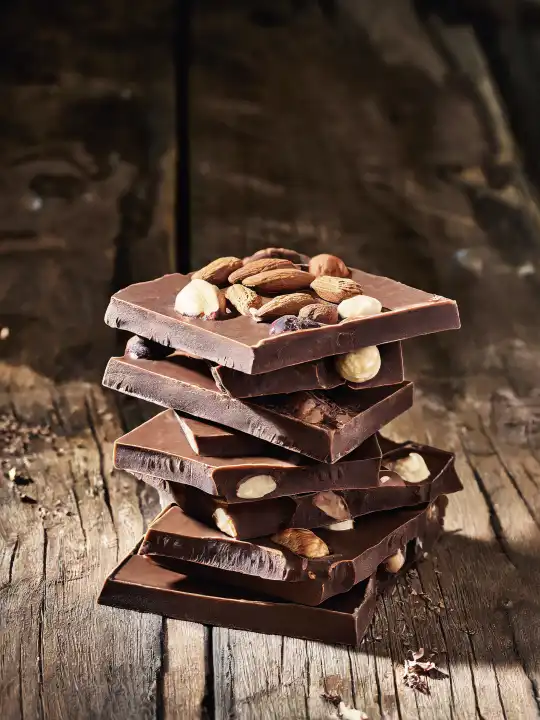 Schokolade mit Haselnuessen auf rustikalem Holzuntergrund, generiert mit KI
