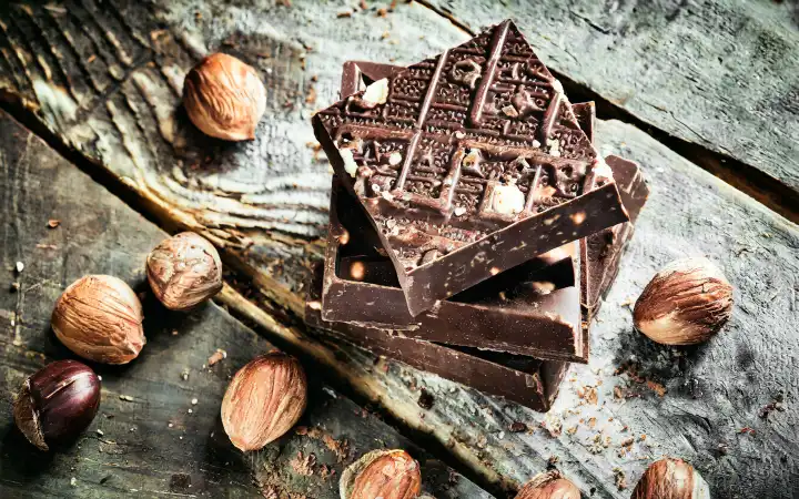 Chocolate with hazelnuts on a rustic wooden base, generated with AI
