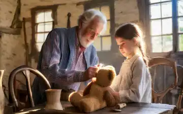 Old man with beard repairs a teddy bear of his granddaughter, AI generated