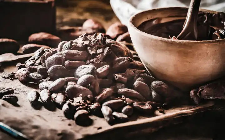 Manufacture of chocolate on rustic ground, AI generated