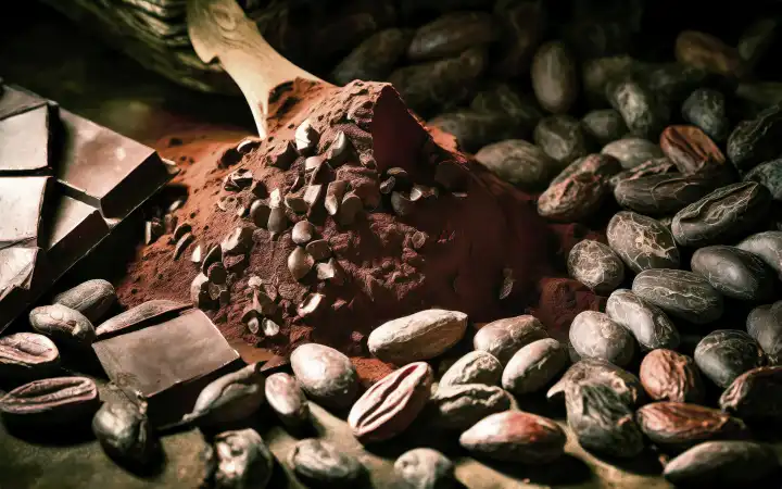 Herstellung von Schokolade auf rustikalem Untergrund, KI generiert