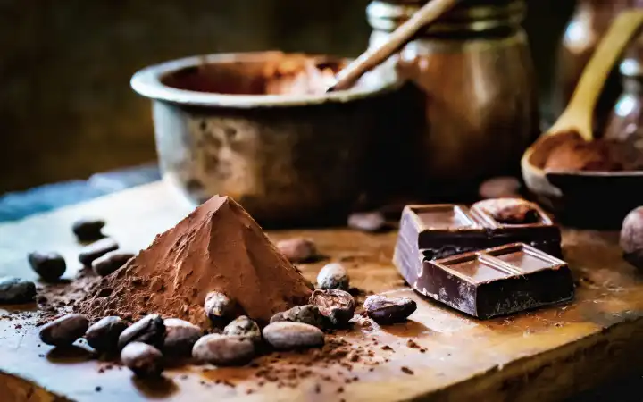 Herstellung von Schokolade auf rustikalem Untergrund, KI generiert