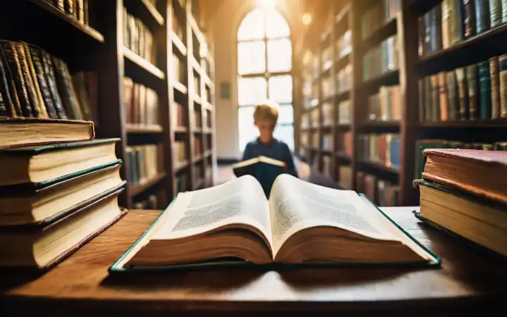 Kind liest alte Bücher in einer Bibliothek, AI generiert