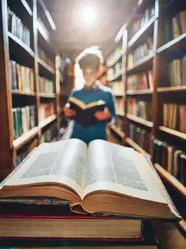Child reads old books in a library, AI generated