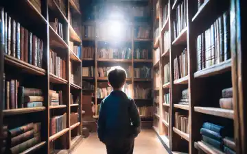 A boy stands in a library and looks at the books generated at AI