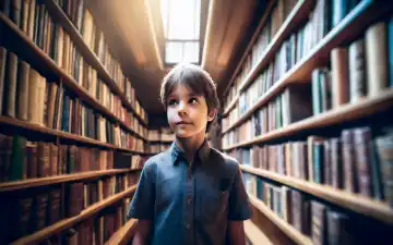 A boy stands in a library and looks at the books generated at AI