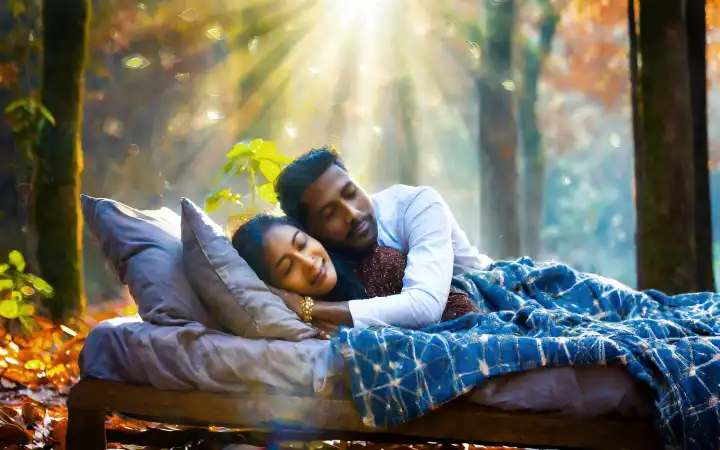 ein asiatisches Liebespaar schläft draussen im Wald, generiert mit KI