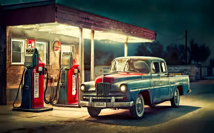 Vintage pickup, parked in front of a gas station, generated with AI