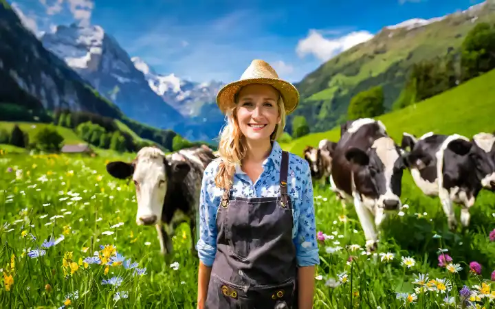 Young farmer with her cows on the pasture, KI generated, generated with AI