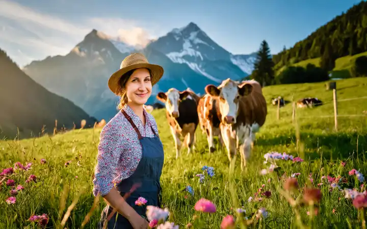 Jungbäuerin mit ihren Kühen auf der Weide, KI generiert