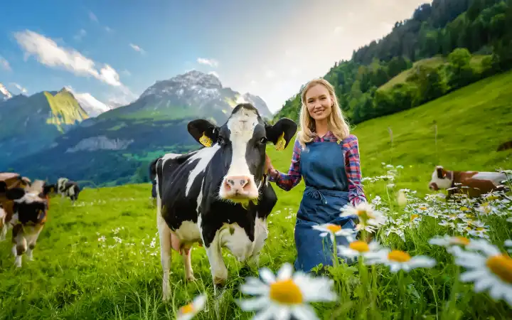 Jungbäuerin mit ihren Kühen auf der Weide, KI generiert