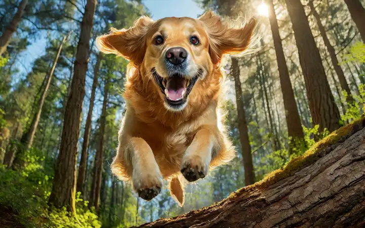 ein Golden Retriever springt mit voller Geschwindigkeit über einen Baumstamm im Wald, KI-generiert