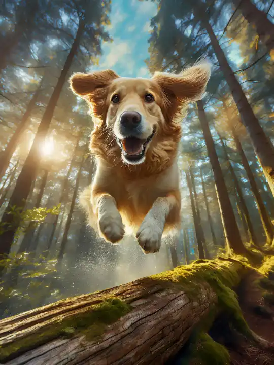 ein Golden Retriever springt mit voller Geschwindigkeit über einen Baumstamm im Wald, KI-generiert