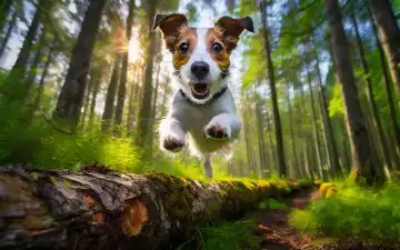 a Jack Russell Terriers jumps at full speed over a tree trunk in the forest, AI generated