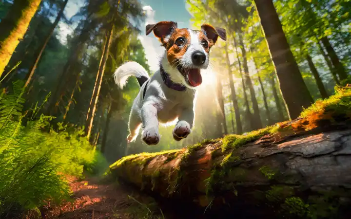 ein Jack Russell Terrier springt mit voller Geschwindigkeit über einen Baumstamm im Wald, AI generiert