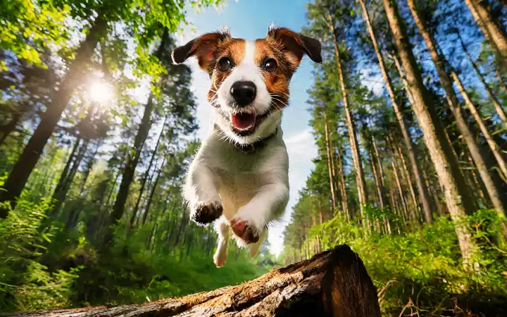 ein Jack Russell Terrier springt mit voller Geschwindigkeit über einen Baumstamm im Wald, AI generiert
