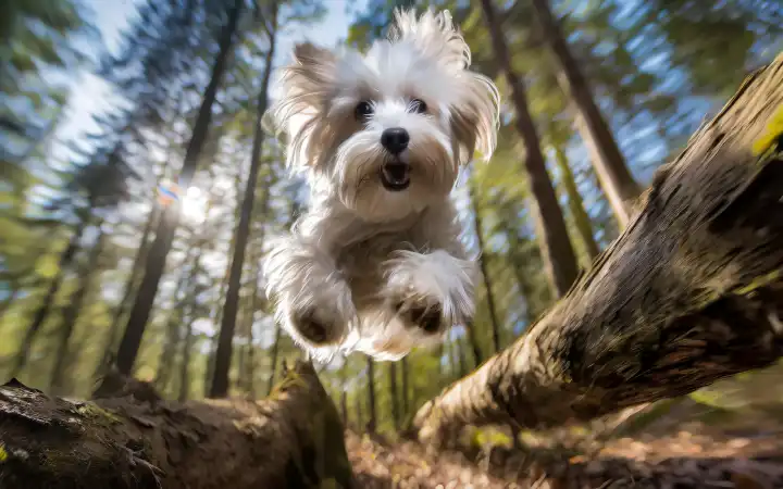 ein Malteser springt mit voller Geschwindigkeit über einen Baumstamm im Wald, AI generiert