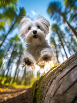 a Maltese jumps at full speed over a tree trunk in the forest, AI generated