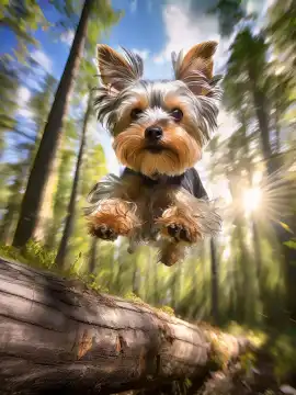 a Yorkshire terrier jumps at full speed over a tree trunk in the forest, AI generated