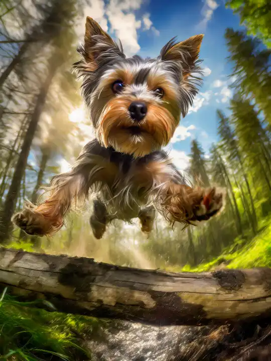 ein Yorkshire-Terrier springt mit voller Geschwindigkeit über einen Baumstamm im Wald, AI erzeugt