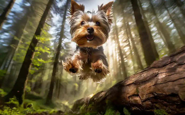 ein Yorkshire-Terrier springt mit voller Geschwindigkeit über einen Baumstamm im Wald, AI erzeugt