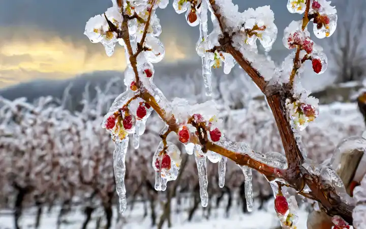 iced fruit blossoms as frost protection from the cold, AI generated