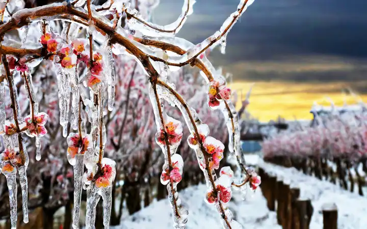 vereiste Obstblüten als Frostschutz vor der Kälte, AI erzeugt