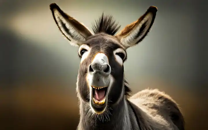a portrait of a donkey laughing heartily, AI generated