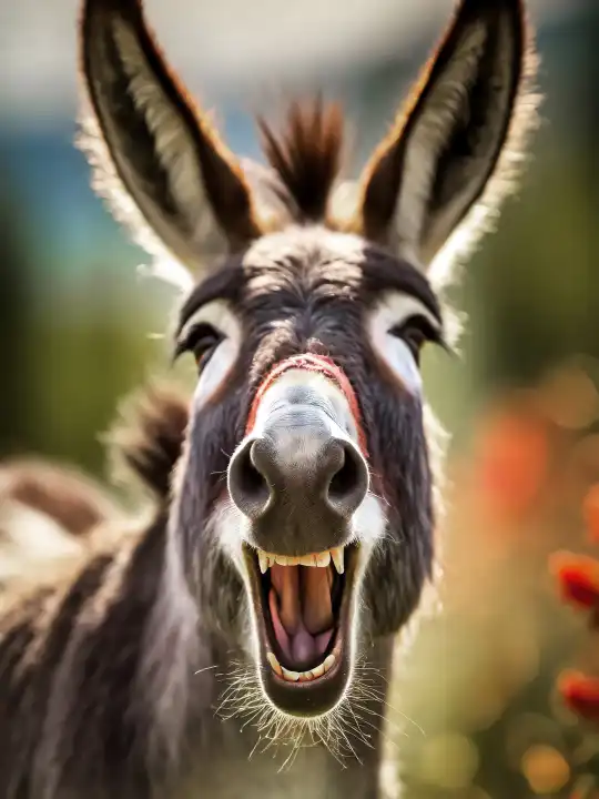 a portrait of a donkey laughing heartily, AI generated