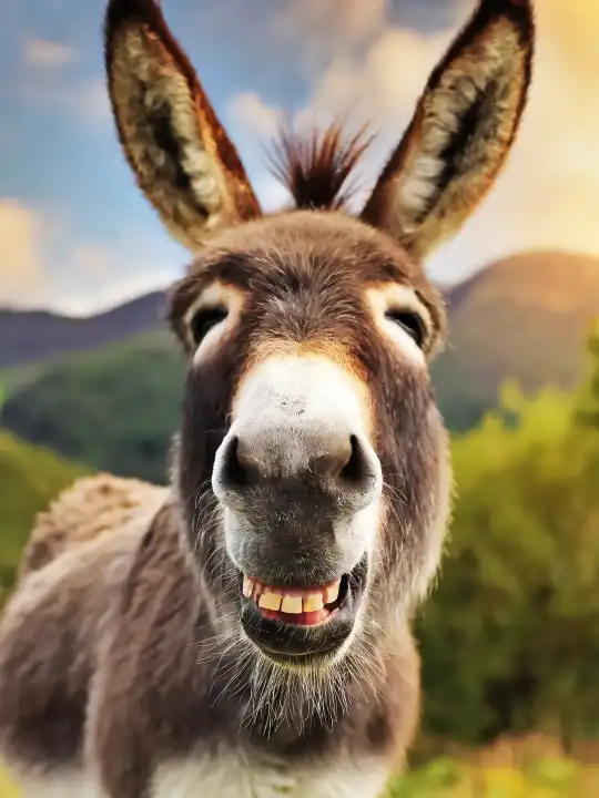 ein Porträt eines herzhaft lachenden Esels, AI-generiert