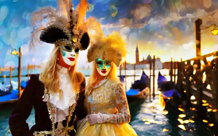 Two people in Venetian costumes at the carnival in Venice, Italy, generated with AI