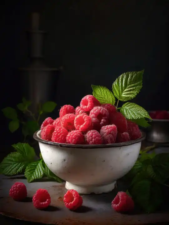 raspberries in a bowl in a rustic setting, AI generated