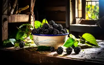 Blackberries in a bowl in a rustic setting, AI generated