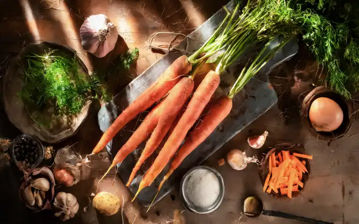 fresh carrots with rustic environment, AI generated