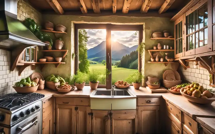View into a rustic country house kitchen with a view of the landscape from the window, AI generated