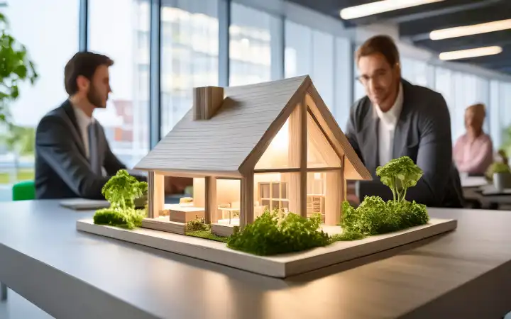 a scale model of an eco wooden house design in an architectural office, AI generated