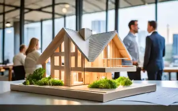a scale model of an eco wooden house design in an architectural office, AI generated