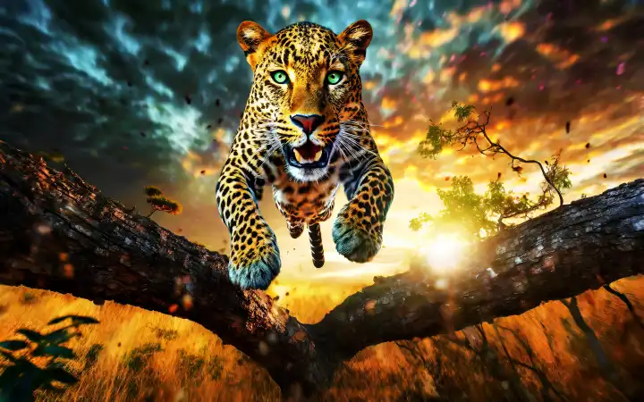 ein Leopard springt mit voller Geschwindigkeit über einen Baumstamm in der Savanne, AI generiert