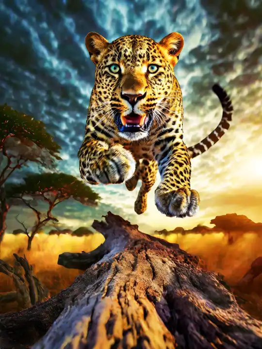 ein Leopard springt mit voller Geschwindigkeit über einen Baumstamm in der Savanne, AI generiert