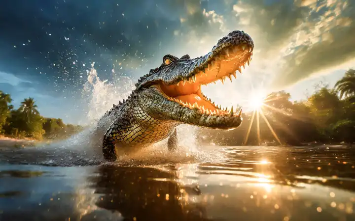 ein angreifendes Krokodil mit weit geöffnetem Maul in einem Fluss, AI-generiert
