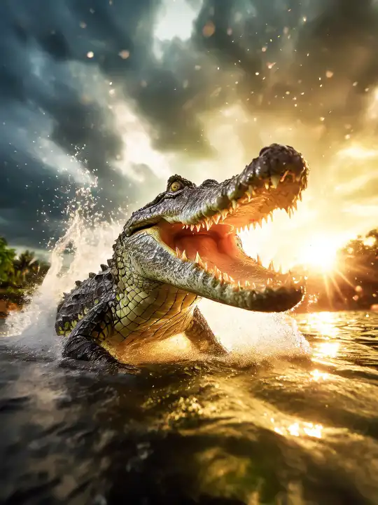 ein angreifendes Krokodil mit weit geöffnetem Maul in einem Fluss, AI-generiert