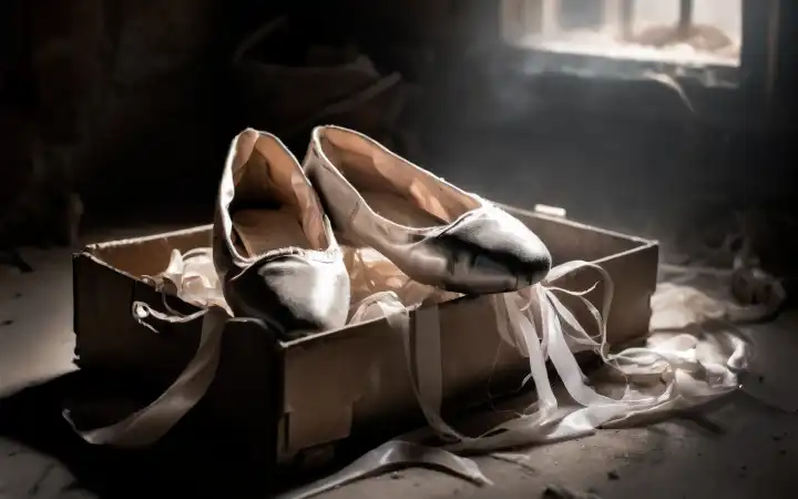 alte Ballettschuhe in einer Schachtel auf dem Dachboden, AI erzeugt
