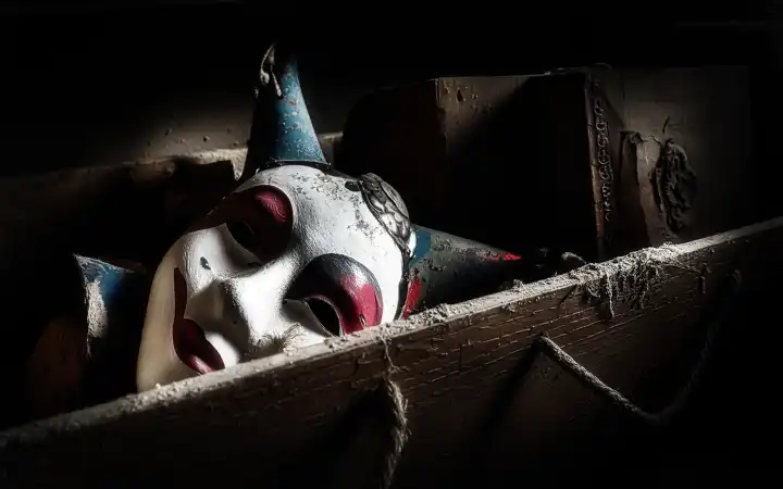 alte Karnevalsmaske liegt vergessen in einer Kiste auf dem Dachboden, AI erzeugt