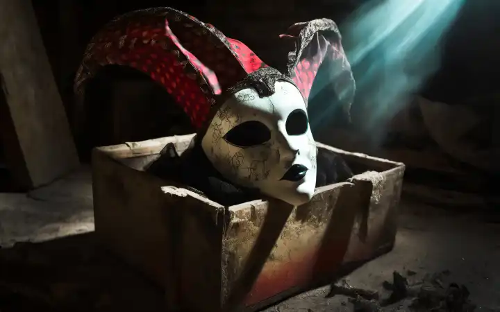 alte Karnevalsmaske liegt vergessen in einer Kiste auf dem Dachboden, AI erzeugt
